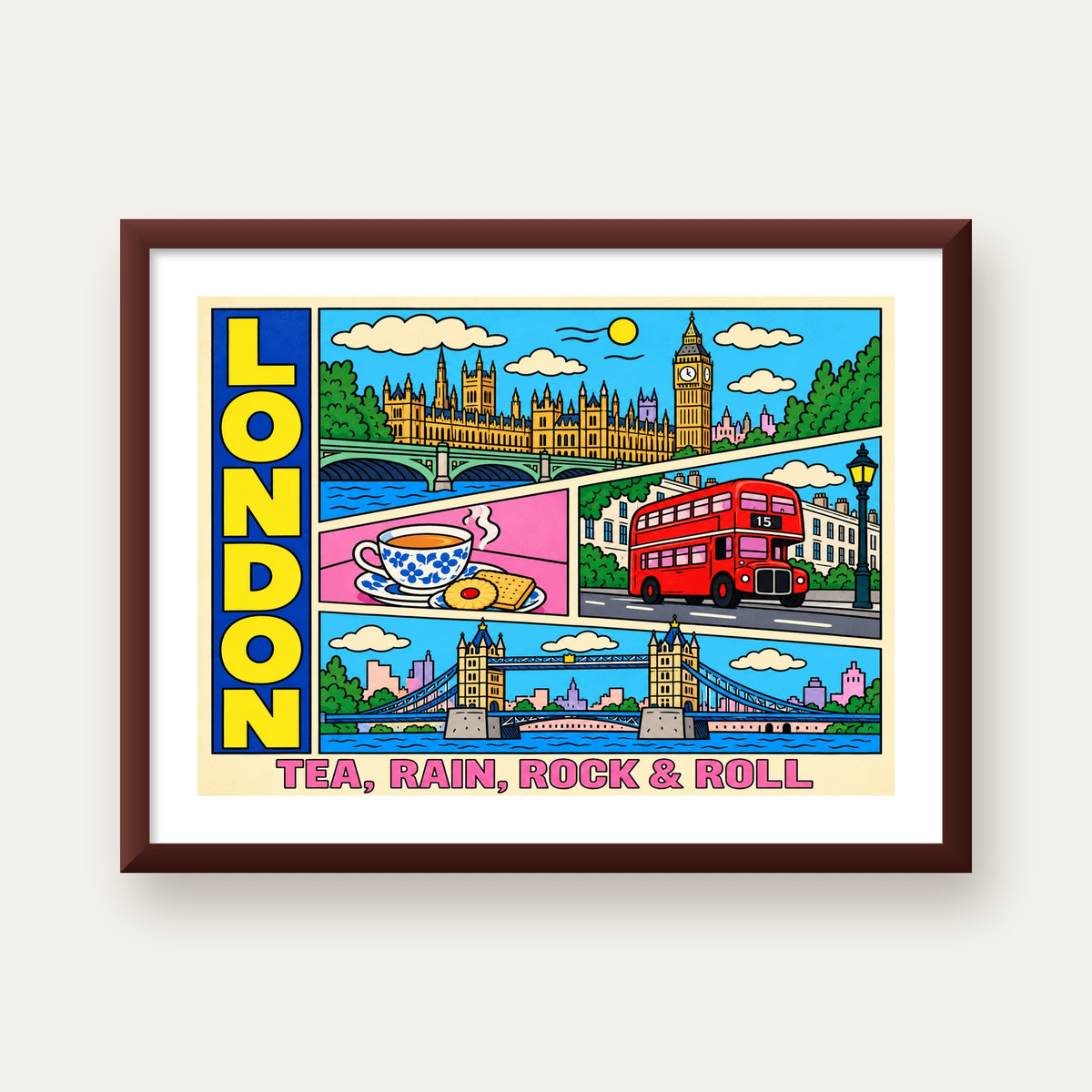 Londra İllüstrasyonu Çizgi Roman Poster – Pop-Art Sanat Baskısı — ceviz çerçeveli paspartulu