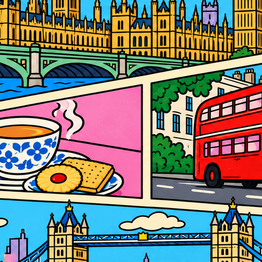 Londra İllüstrasyonu Çizgi Roman Poster – Pop-Art Sanat Baskısı — baskının yakın çekimi, kâğıt dokusu ve renk detayı