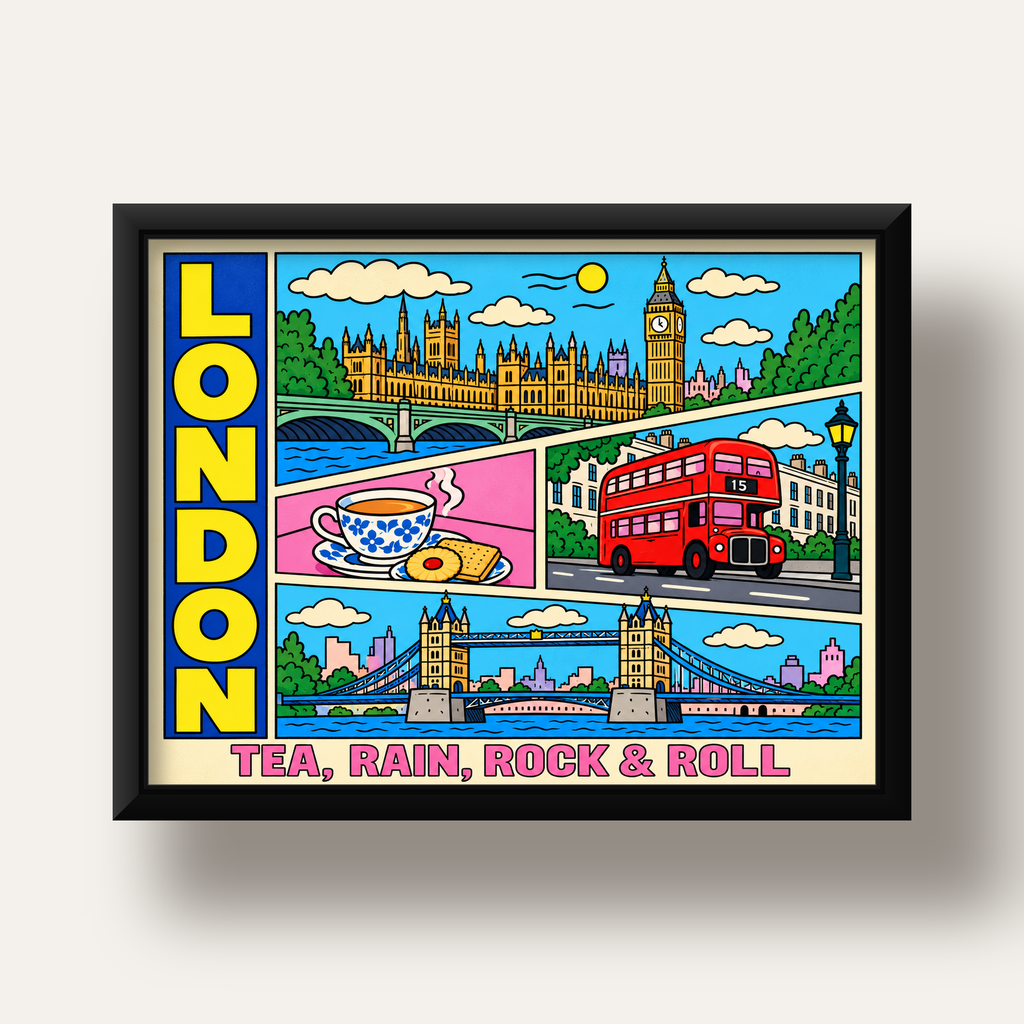 Londra İllüstrasyonu Çizgi Roman Poster – Pop-Art Sanat Baskısı — siyah derin çerçeveli