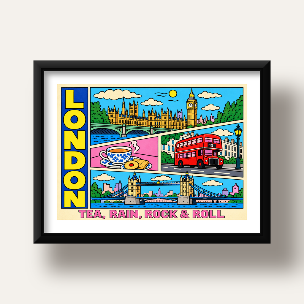 Londra İllüstrasyonu Çizgi Roman Poster – Pop-Art Sanat Baskısı — siyah derin çerçeveli paspartulu