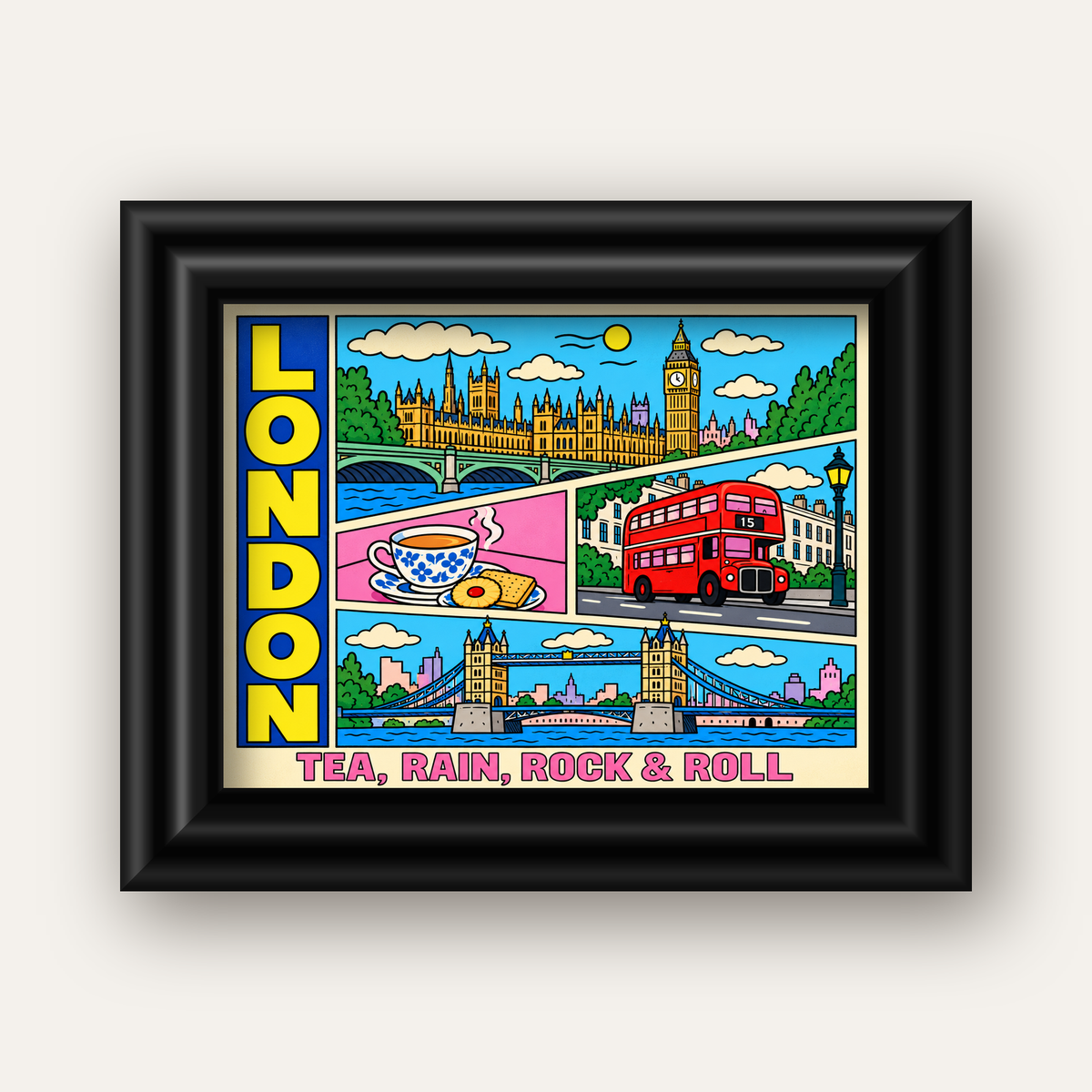 Londra İllüstrasyonu Çizgi Roman Poster – Pop-Art Sanat Baskısı — siyah galeri çerçeveli