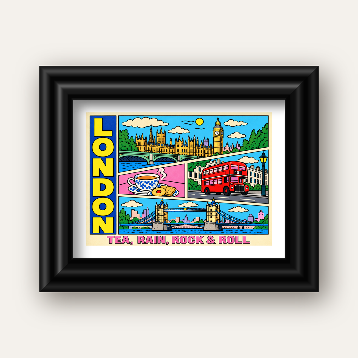 Londra İllüstrasyonu Çizgi Roman Poster – Pop-Art Sanat Baskısı — siyah galeri çerçeveli paspartulu