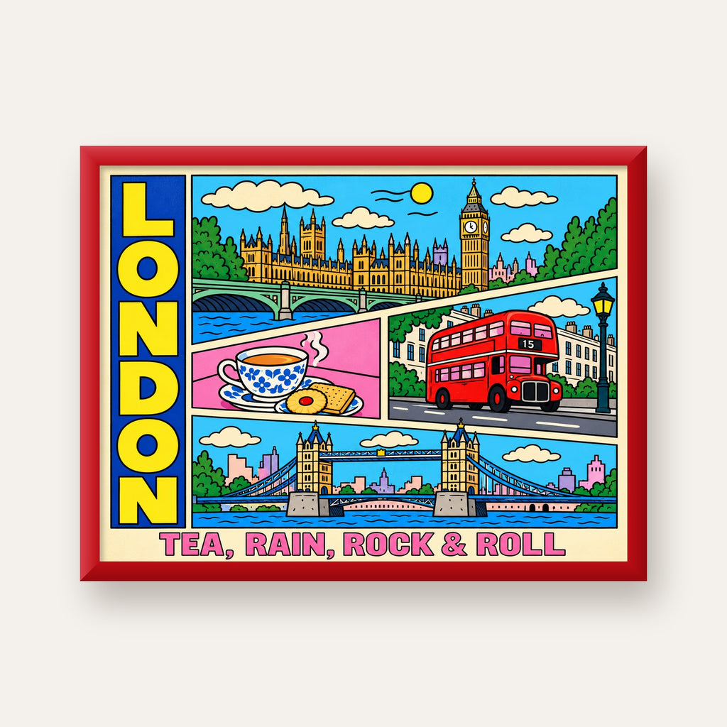 Londra İllüstrasyonu Çizgi Roman Poster – Pop-Art Sanat Baskısı — kırmızı çerçeveli