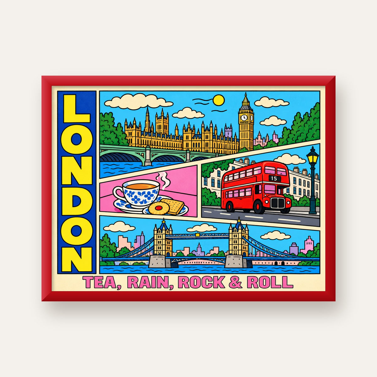 Londra İllüstrasyonu Çizgi Roman Poster – Pop-Art Sanat Baskısı — kırmızı çerçeveli
