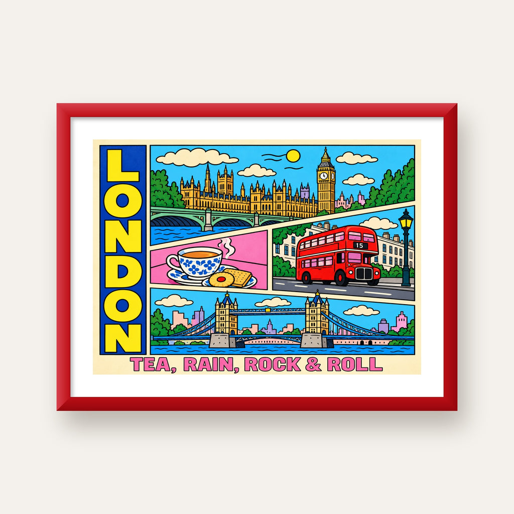 Londra İllüstrasyonu Çizgi Roman Poster – Pop-Art Sanat Baskısı — kırmızı çerçeveli paspartulu