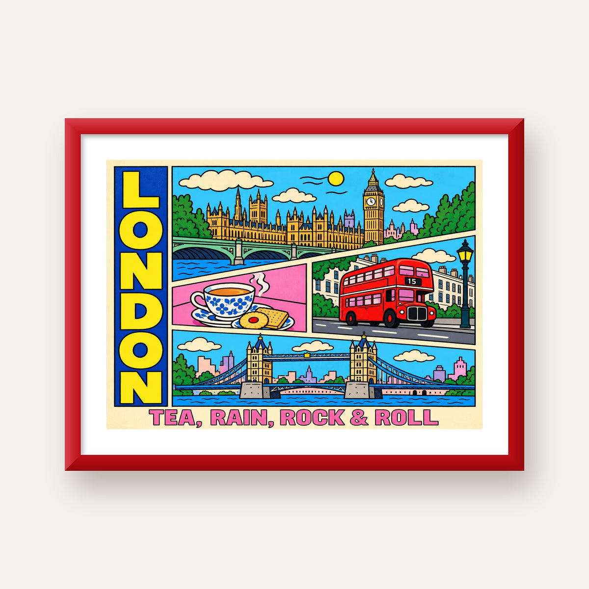 Londra İllüstrasyonu Çizgi Roman Poster – Pop-Art Sanat Baskısı — kırmızı çerçeveli paspartulu