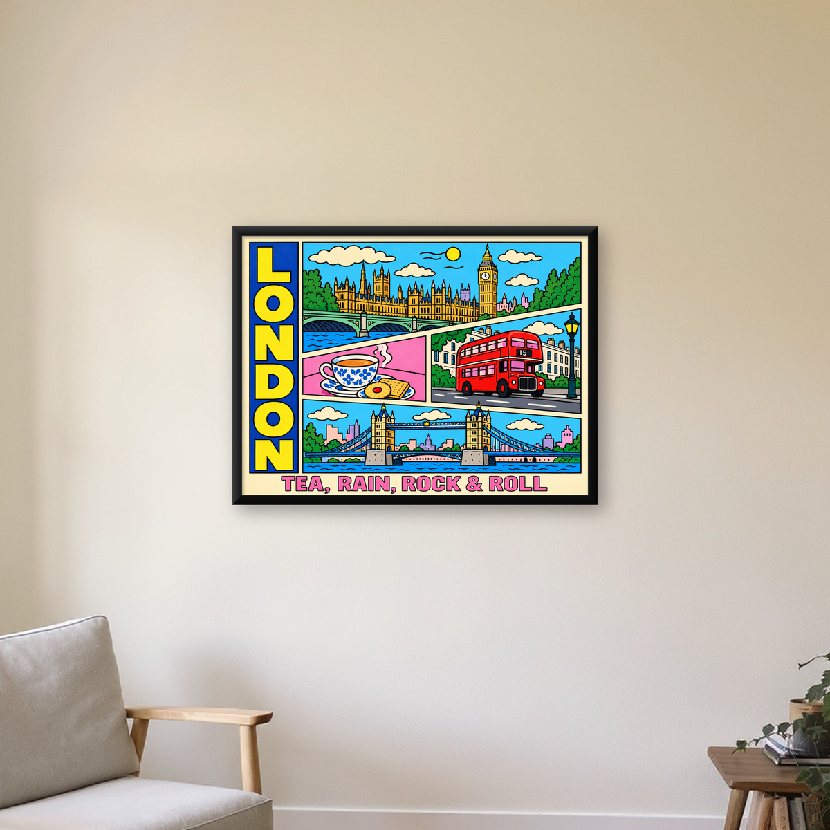 Londra İllüstrasyonu Çizgi Roman Poster – Pop-Art Sanat Baskısı — Yatay baskı, çerçeveli hâliyle bir ev duvarında