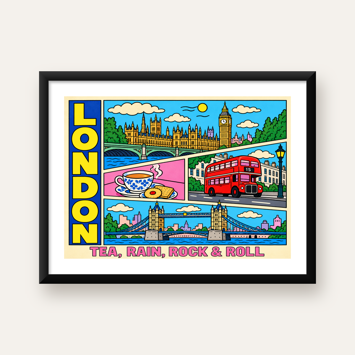 Londra İllüstrasyonu Çizgi Roman Poster – Pop-Art Sanat Baskısı — Yatay baskı, beyaz paspartulu