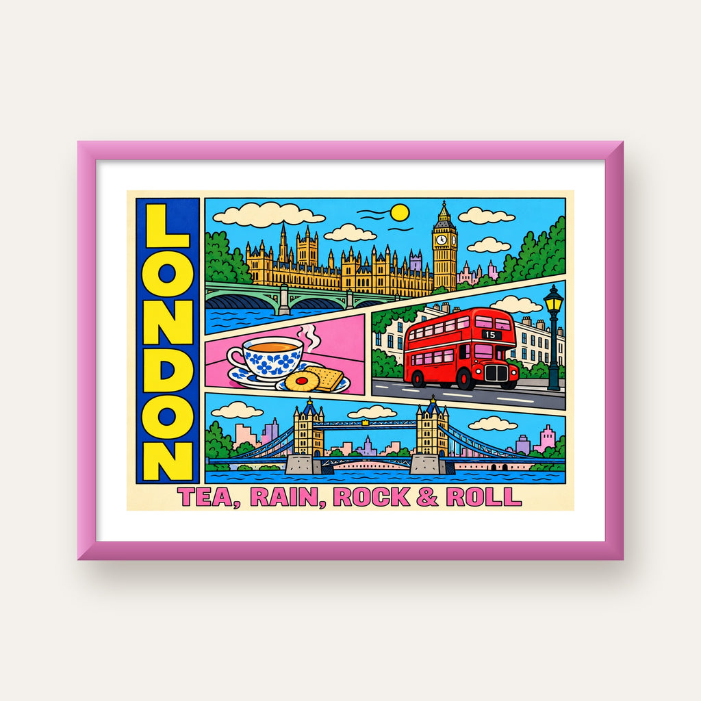 Londra İllüstrasyonu Çizgi Roman Poster – Pop-Art Sanat Baskısı — pembe çerçeveli paspartulu
