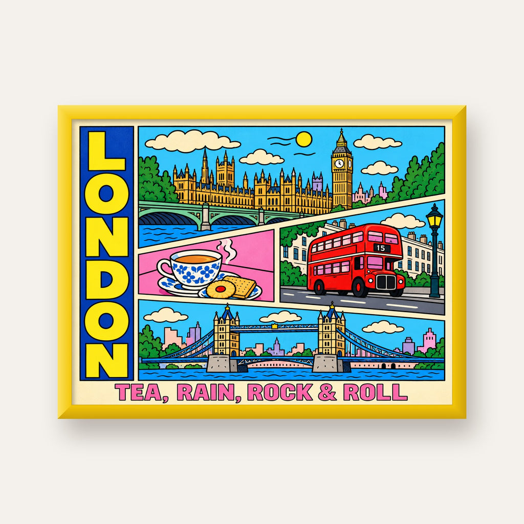 Londra İllüstrasyonu Çizgi Roman Poster – Pop-Art Sanat Baskısı — sarı çerçeveli