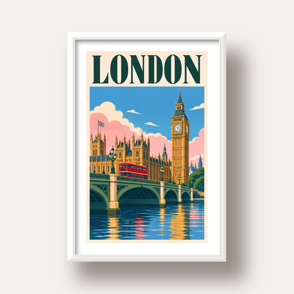 Londra Şehir Manzarası Retro Poster – Canlı Renkli Duvar Dekoru — beyaz derin çerçeveli paspartulu
