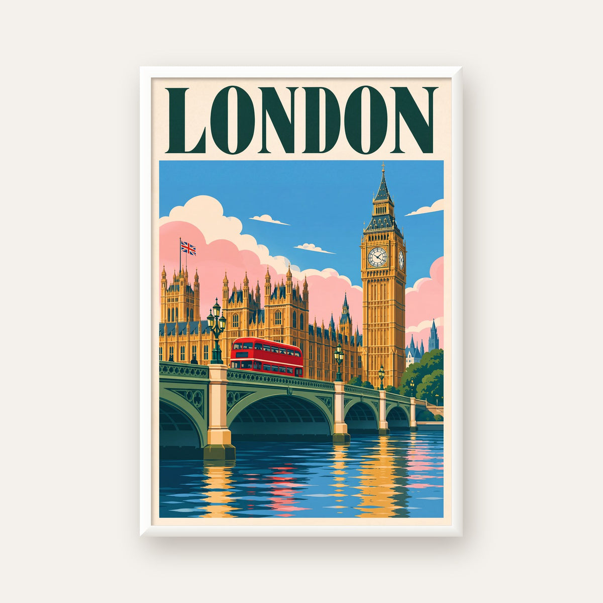 Londra Şehir Manzarası Retro Poster – Canlı Renkli Duvar Dekoru — beyaz çerçeveli dikey poster