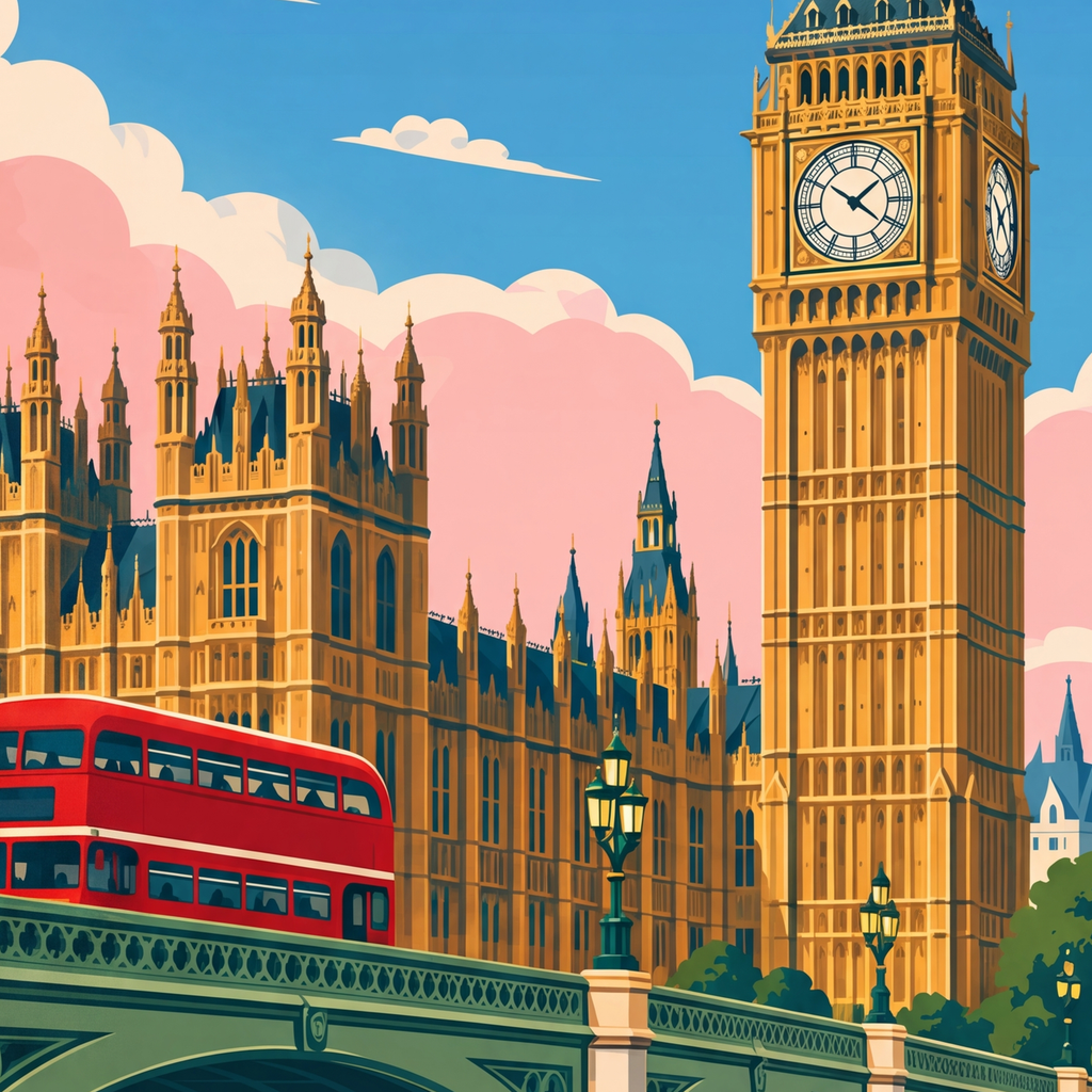 Londra Şehir Manzarası Retro Poster – Canlı Renkli Duvar Dekoru — baskının yakın çekimi, kâğıt dokusu ve renk detayı