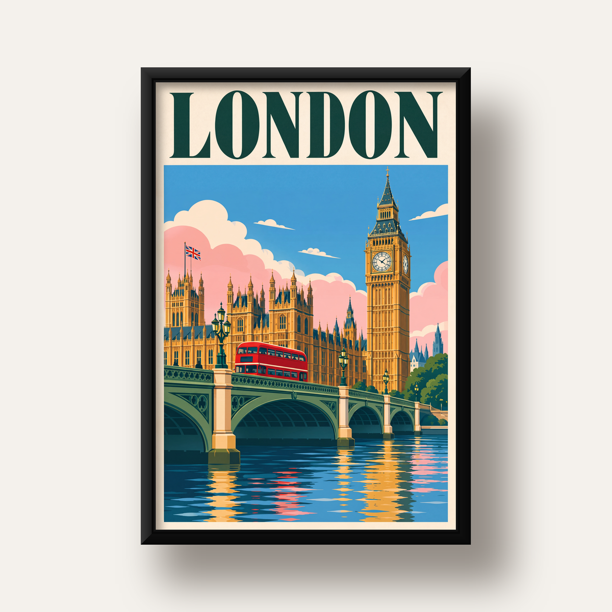 Londra Şehir Manzarası Retro Poster – Canlı Renkli Duvar Dekoru — siyah derin çerçeveli