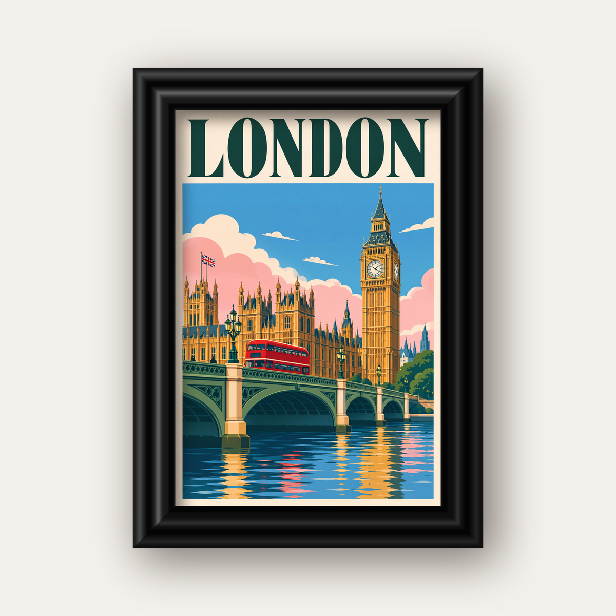 Londra Şehir Manzarası Retro Poster – Canlı Renkli Duvar Dekoru — siyah galeri çerçeveli