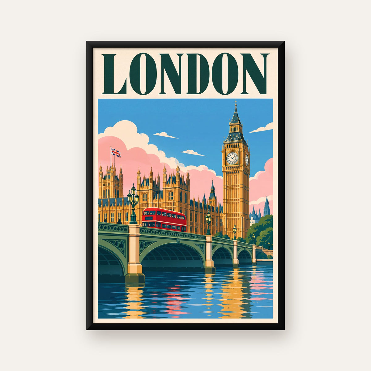 Londra Şehir Manzarası Retro Poster – Canlı Renkli Duvar Dekoru — ceviz çerçeveli