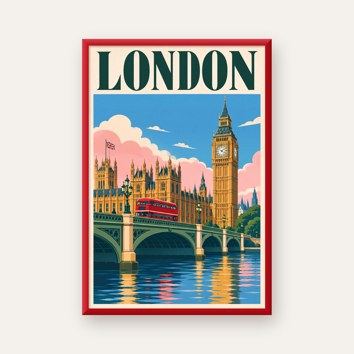 Londra Şehir Manzarası Retro Poster – Canlı Renkli Duvar Dekoru — kırmızı çerçeveli