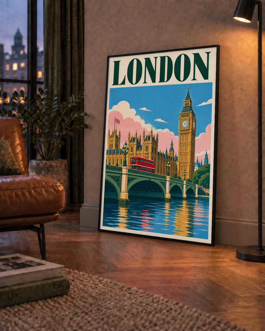 Londra Şehir Manzarası Retro Poster – Canlı Renkli Duvar Dekoru — çerçeveli hâliyle bir ev duvarında