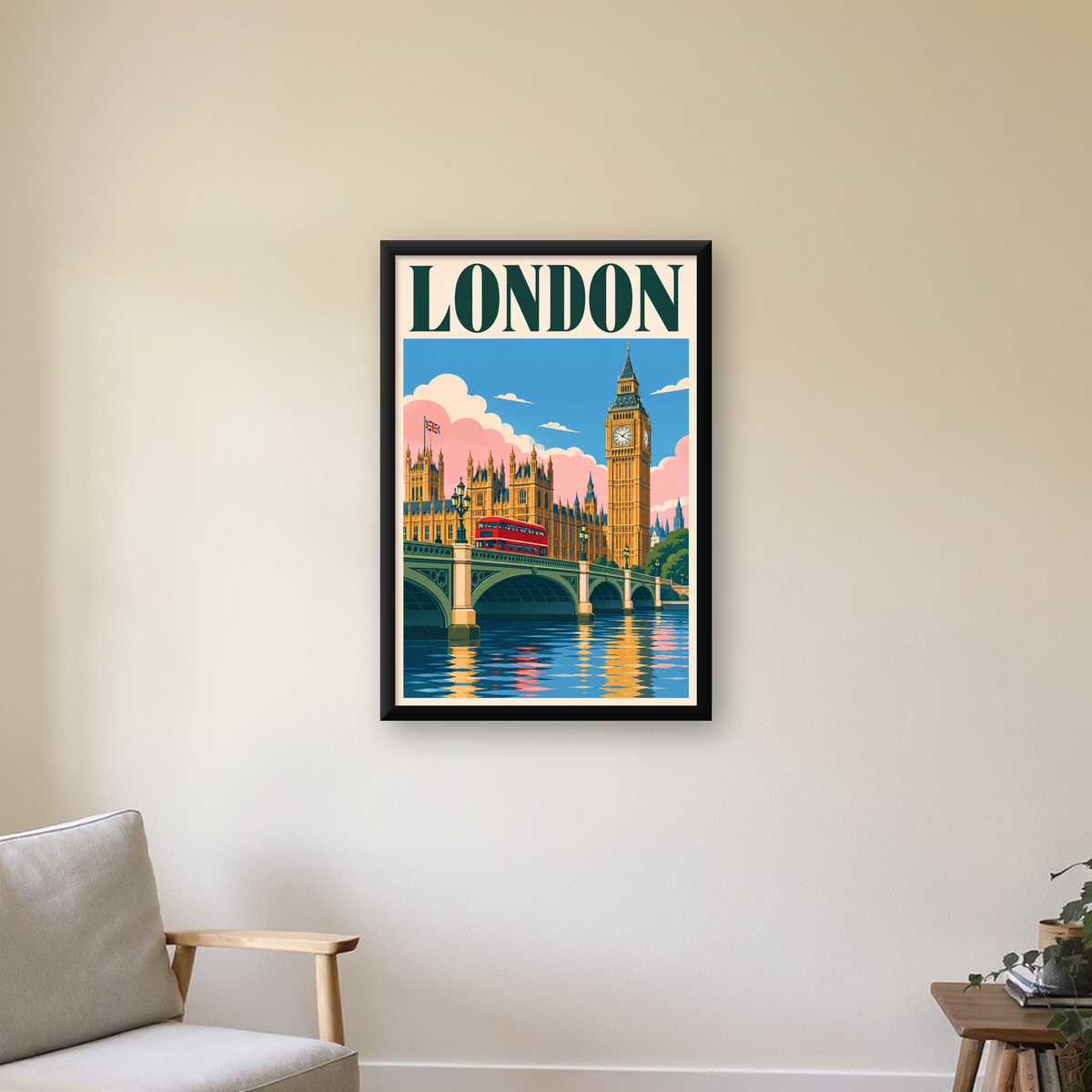 Londra Şehir Manzarası Retro Poster – Canlı Renkli Duvar Dekoru — çerçeveli hâliyle bir ev duvarında