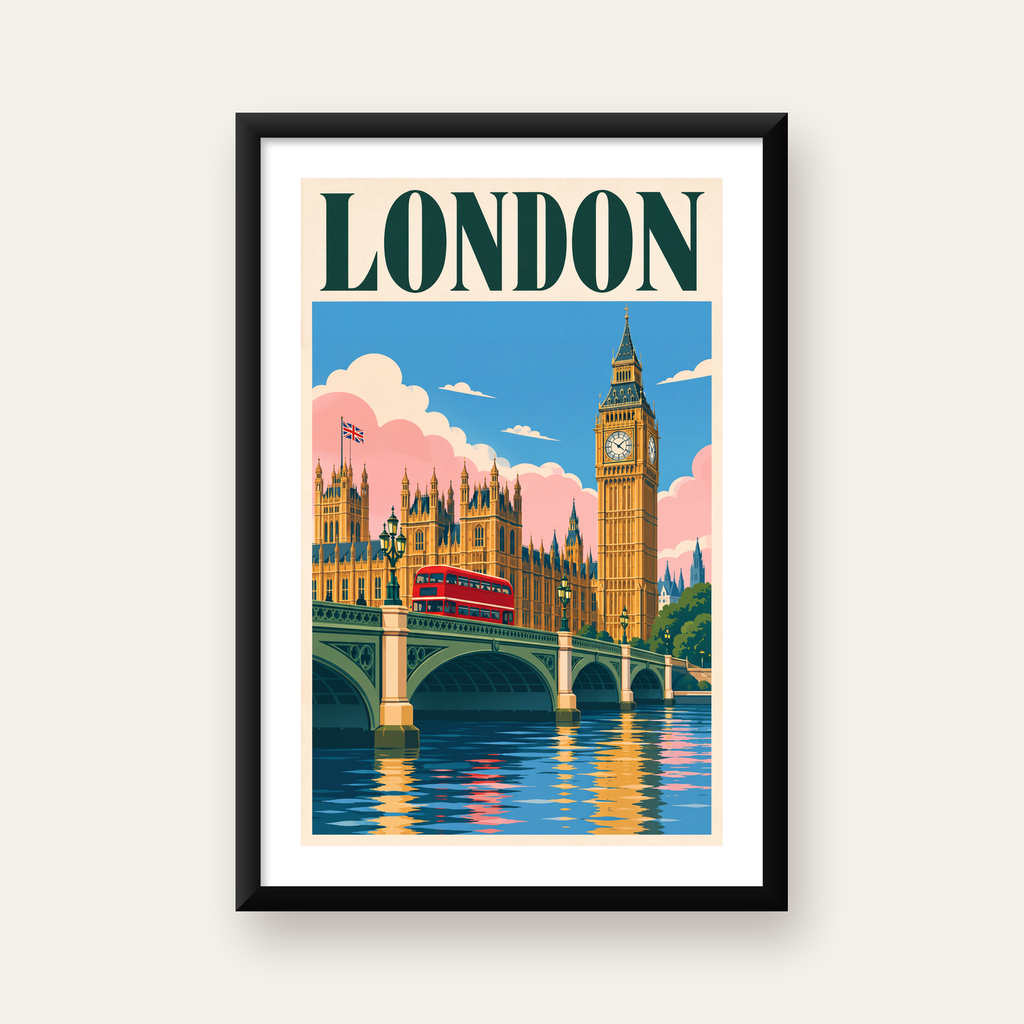 Londra Şehir Manzarası Retro Poster – Canlı Renkli Duvar Dekoru — beyaz paspartulu, düz siyah çerçeveli