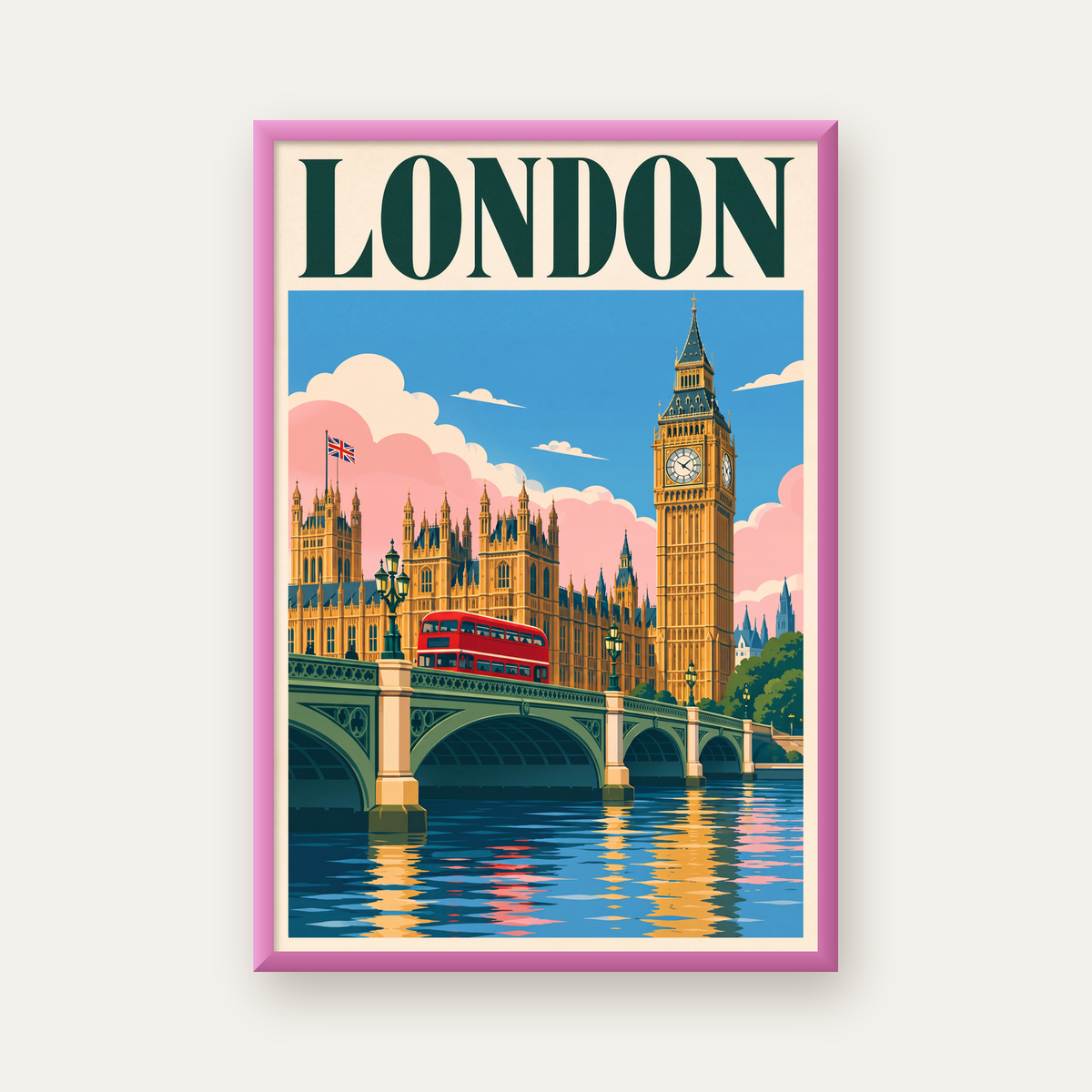 Londra Şehir Manzarası Retro Poster – Canlı Renkli Duvar Dekoru — pembe çerçeveli