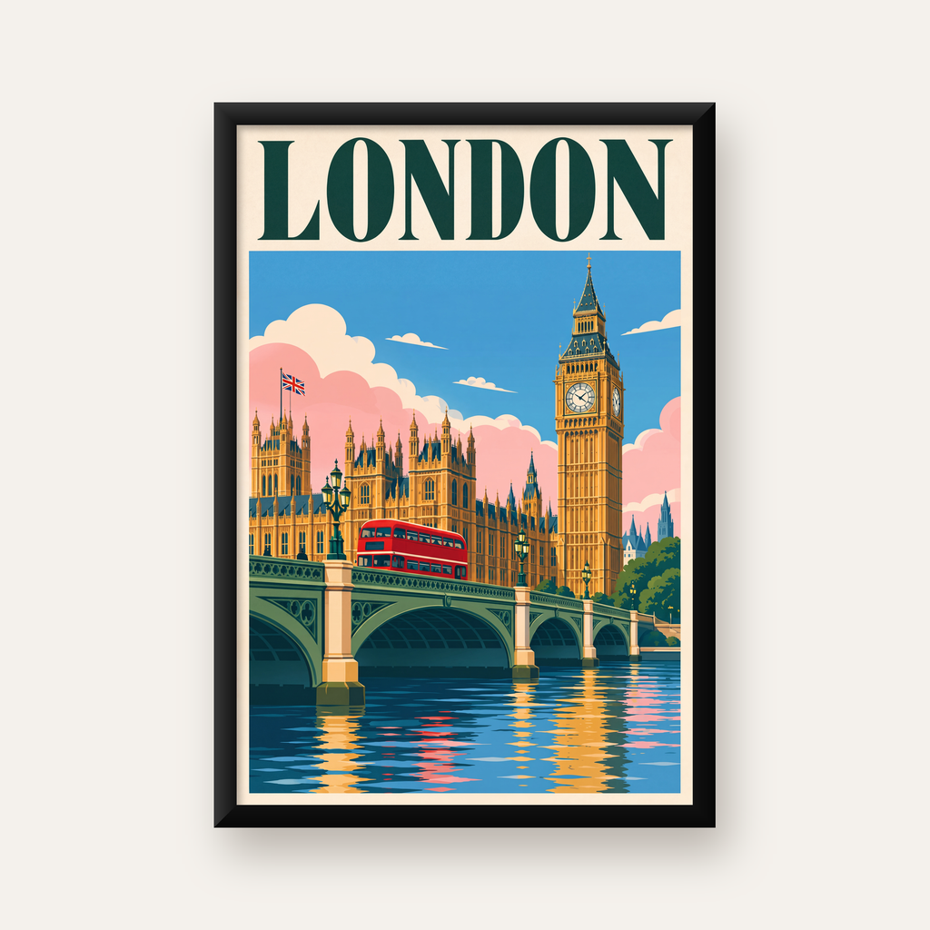 Londra Şehir Manzarası Retro Poster – Canlı Renkli Duvar Dekoru — düz siyah çerçeveli duvar posteri