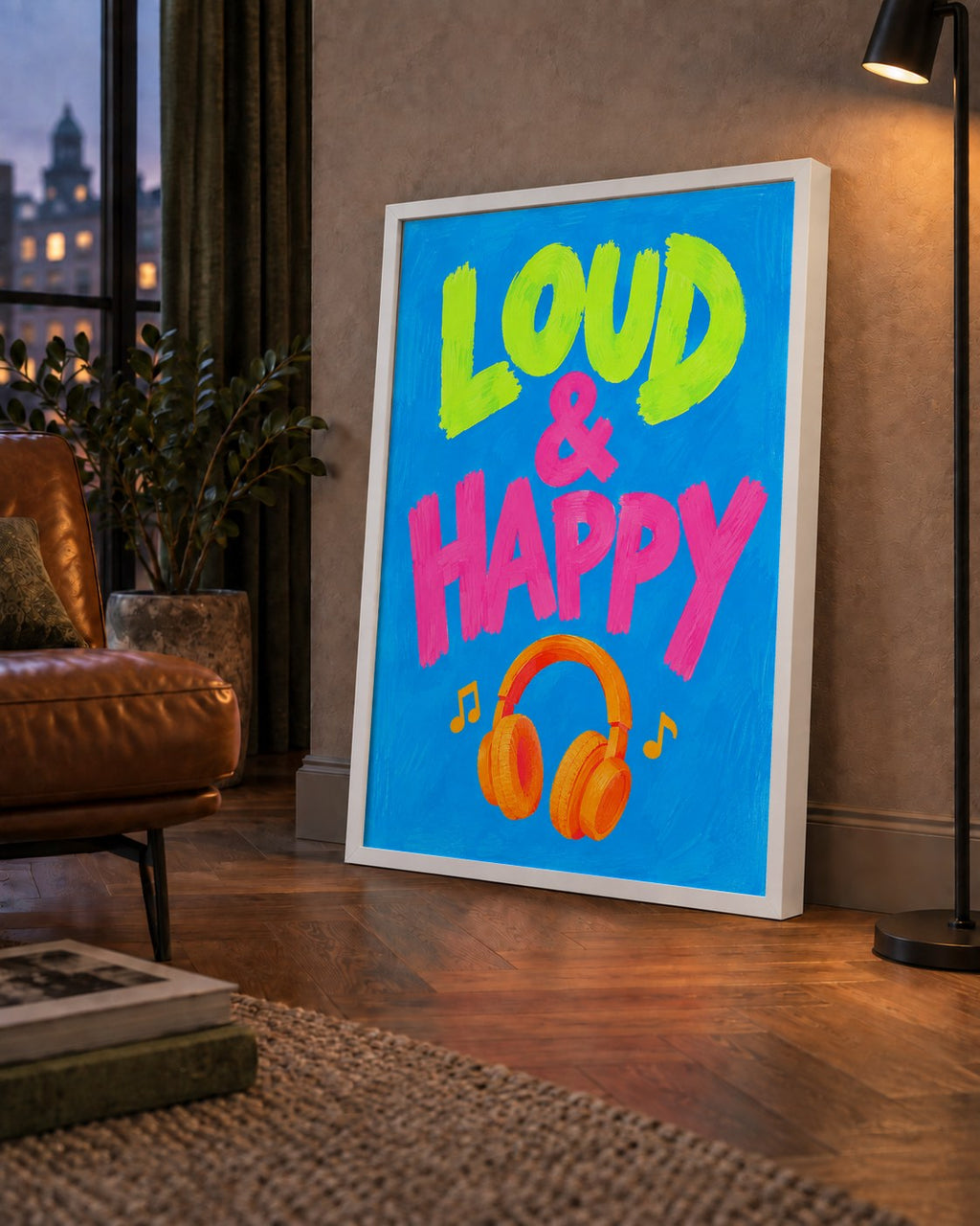 Renkli LOUD & HAPPY Poster – Müzik ve Mutluluğun Canlı Temsili — çerçeveli hâliyle bir ev duvarında