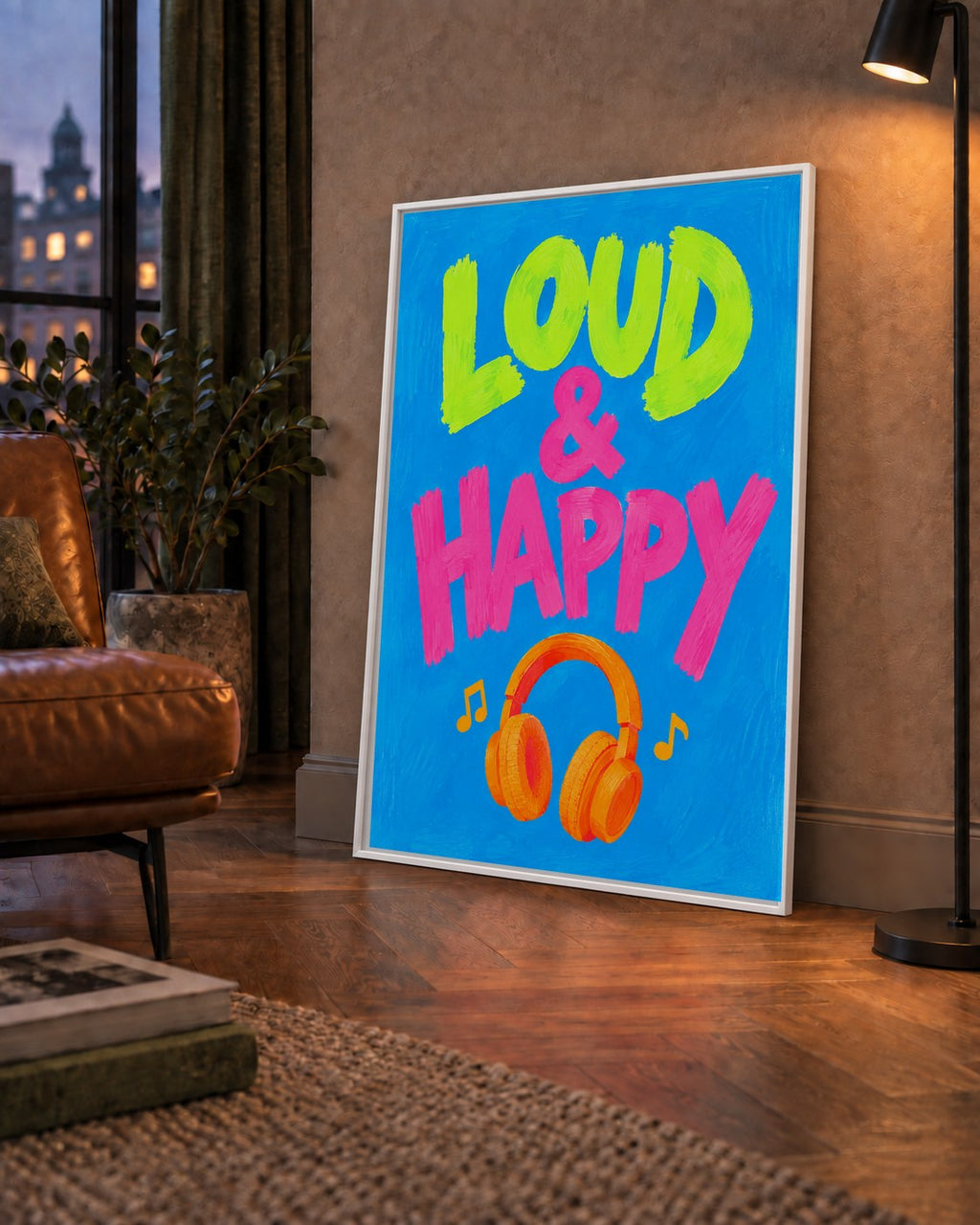 Renkli LOUD & HAPPY Poster – Müzik ve Mutluluğun Canlı Temsili — çerçeveli hâliyle bir ev duvarında