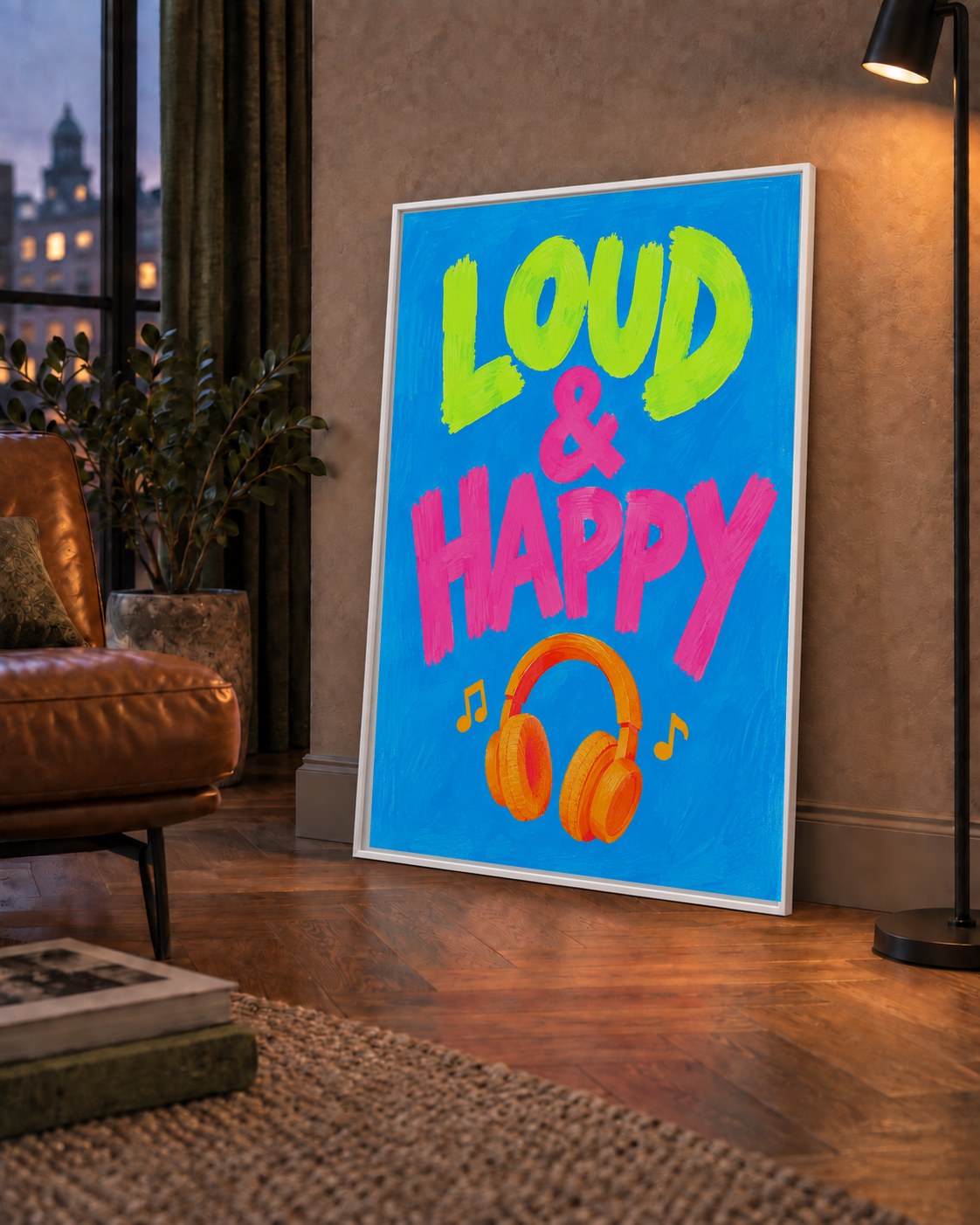 Renkli LOUD & HAPPY Poster – Müzik ve Mutluluğun Canlı Temsili — çerçeveli hâliyle bir ev duvarında