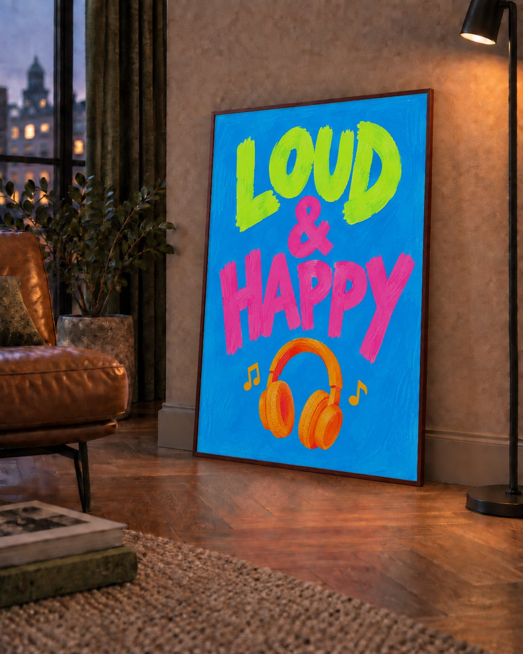 Renkli LOUD & HAPPY Poster – Müzik ve Mutluluğun Canlı Temsili — çerçeveli hâliyle bir ev duvarında