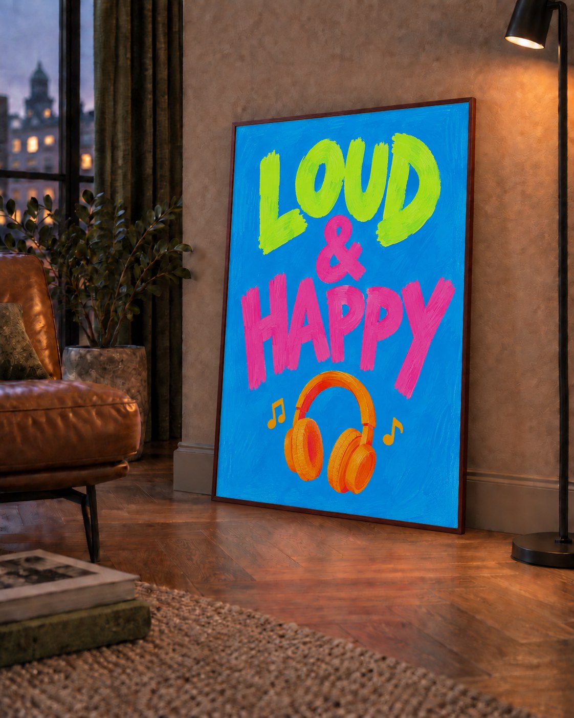 Renkli LOUD & HAPPY Poster – Müzik ve Mutluluğun Canlı Temsili — çerçeveli hâliyle bir ev duvarında