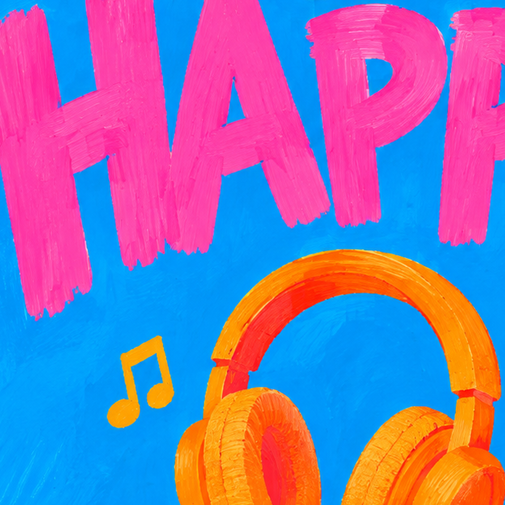 Renkli LOUD & HAPPY Poster – Müzik ve Mutluluğun Canlı Temsili — baskının yakın çekimi, kâğıt dokusu ve renk detayı