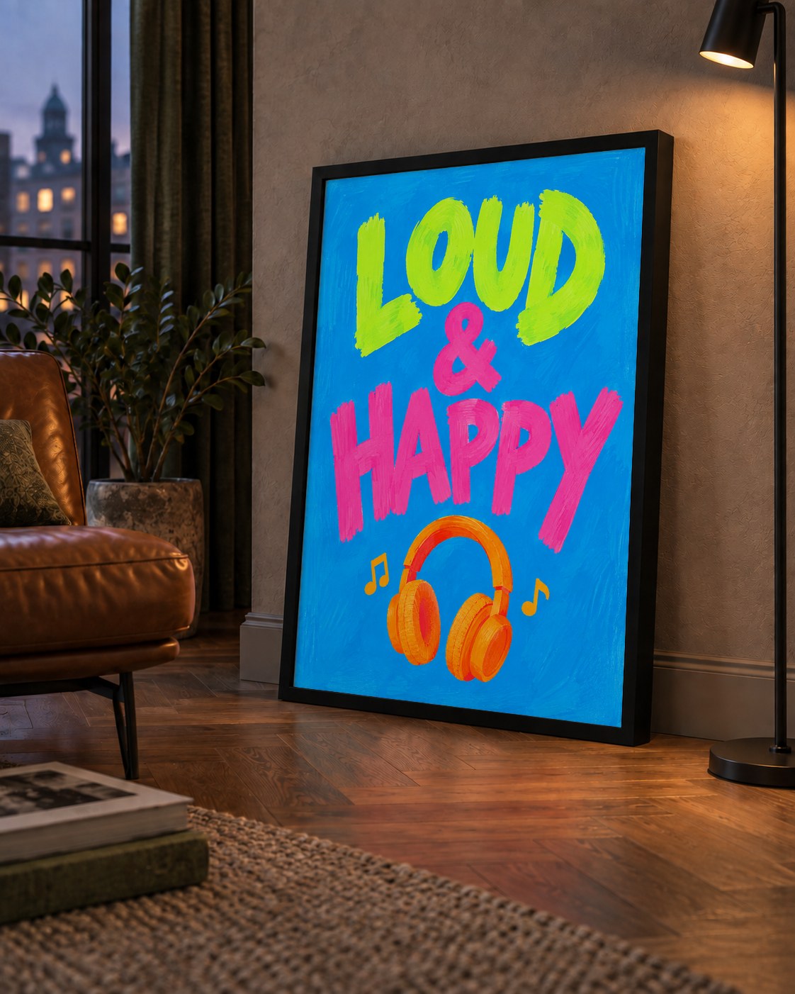 Renkli LOUD & HAPPY Poster – Müzik ve Mutluluğun Canlı Temsili — çerçeveli hâliyle bir ev duvarında