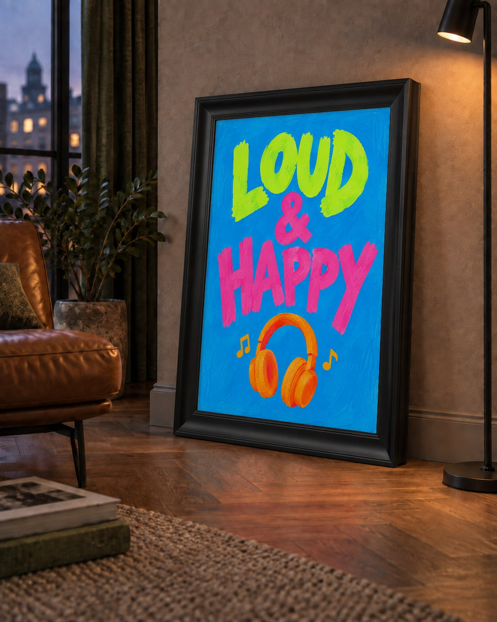 Renkli LOUD & HAPPY Poster – Müzik ve Mutluluğun Canlı Temsili — çerçeveli hâliyle bir ev duvarında