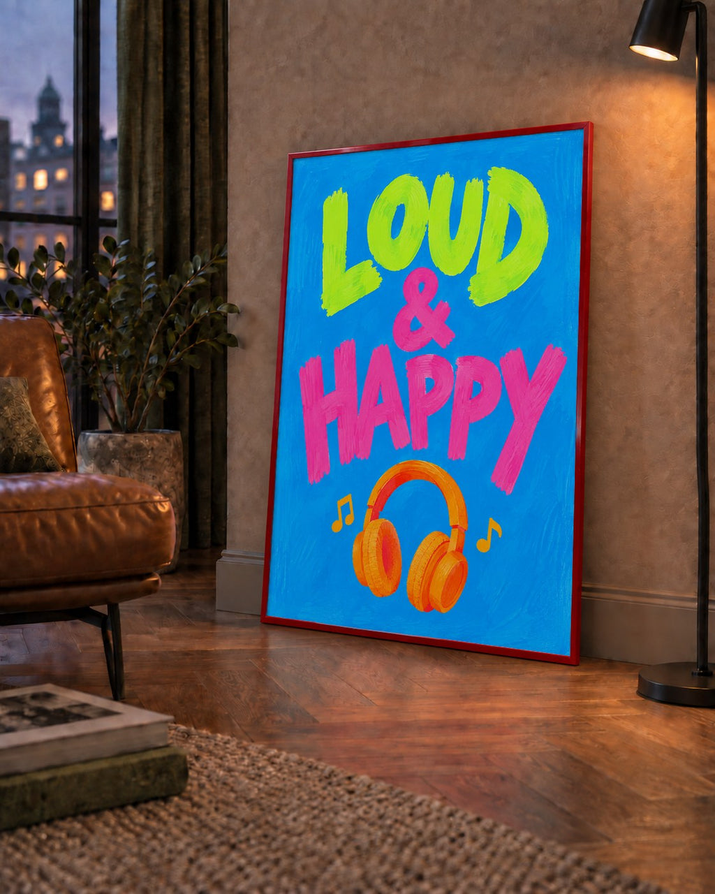 Renkli LOUD & HAPPY Poster – Müzik ve Mutluluğun Canlı Temsili — çerçeveli hâliyle bir ev duvarında