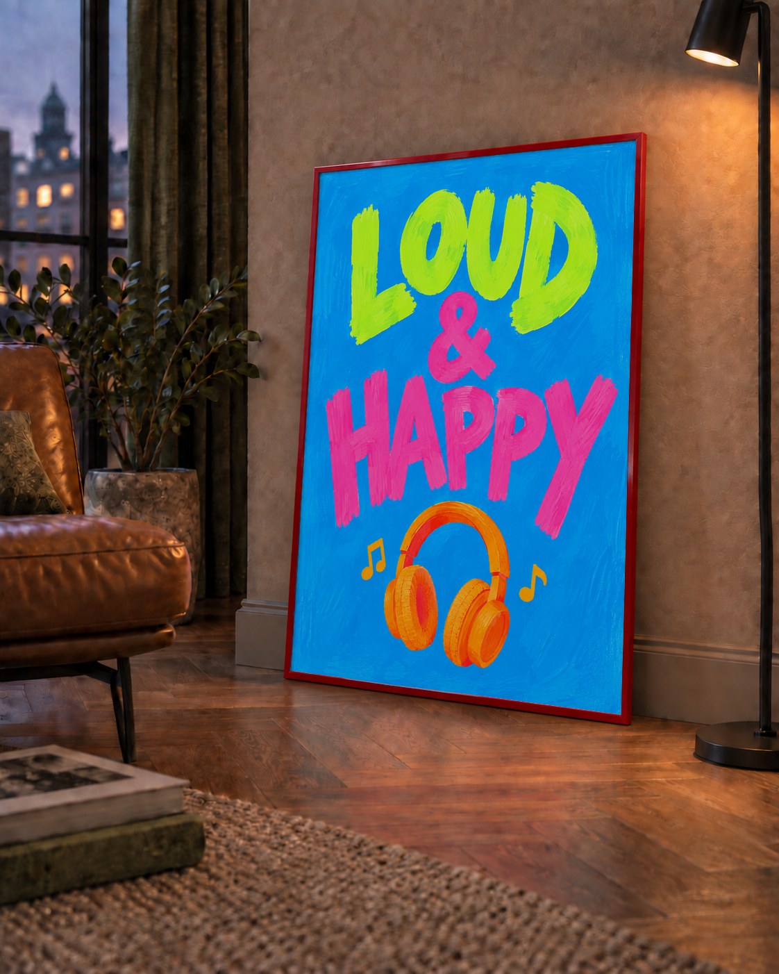 Renkli LOUD & HAPPY Poster – Müzik ve Mutluluğun Canlı Temsili — çerçeveli hâliyle bir ev duvarında