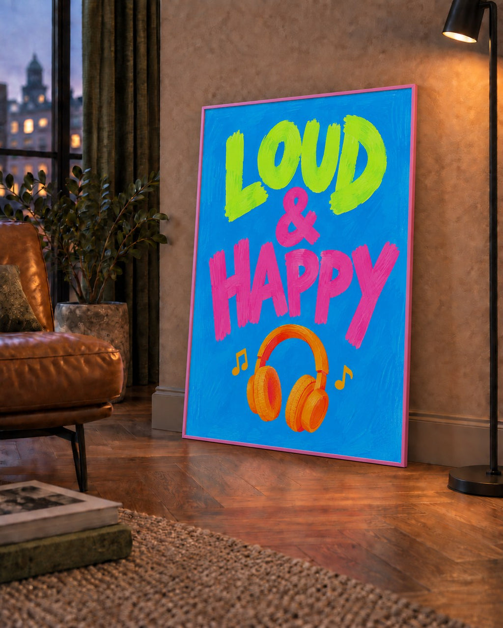 Renkli LOUD & HAPPY Poster – Müzik ve Mutluluğun Canlı Temsili — çerçeveli hâliyle bir ev duvarında