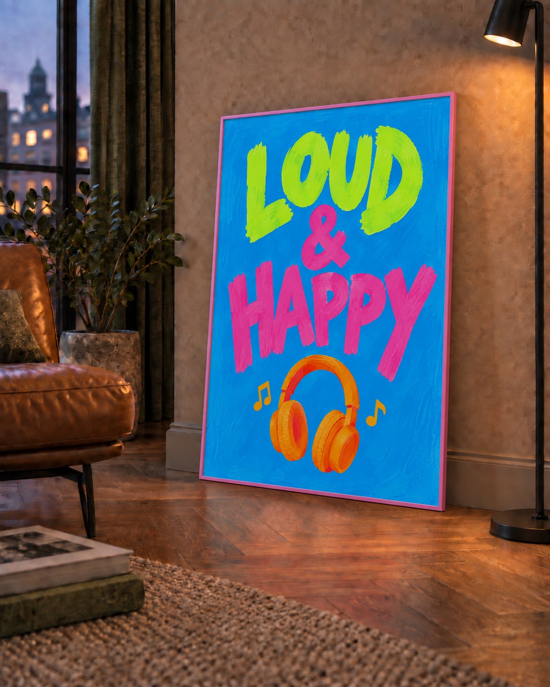 Renkli LOUD & HAPPY Poster – Müzik ve Mutluluğun Canlı Temsili — çerçeveli hâliyle bir ev duvarında