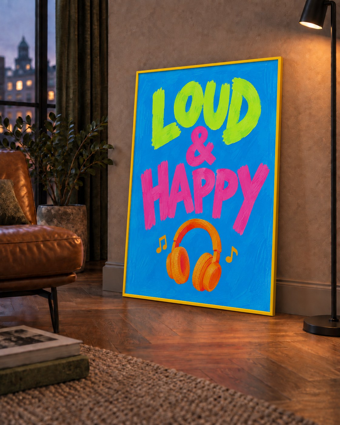 Renkli LOUD & HAPPY Poster – Müzik ve Mutluluğun Canlı Temsili — çerçeveli hâliyle bir ev duvarında