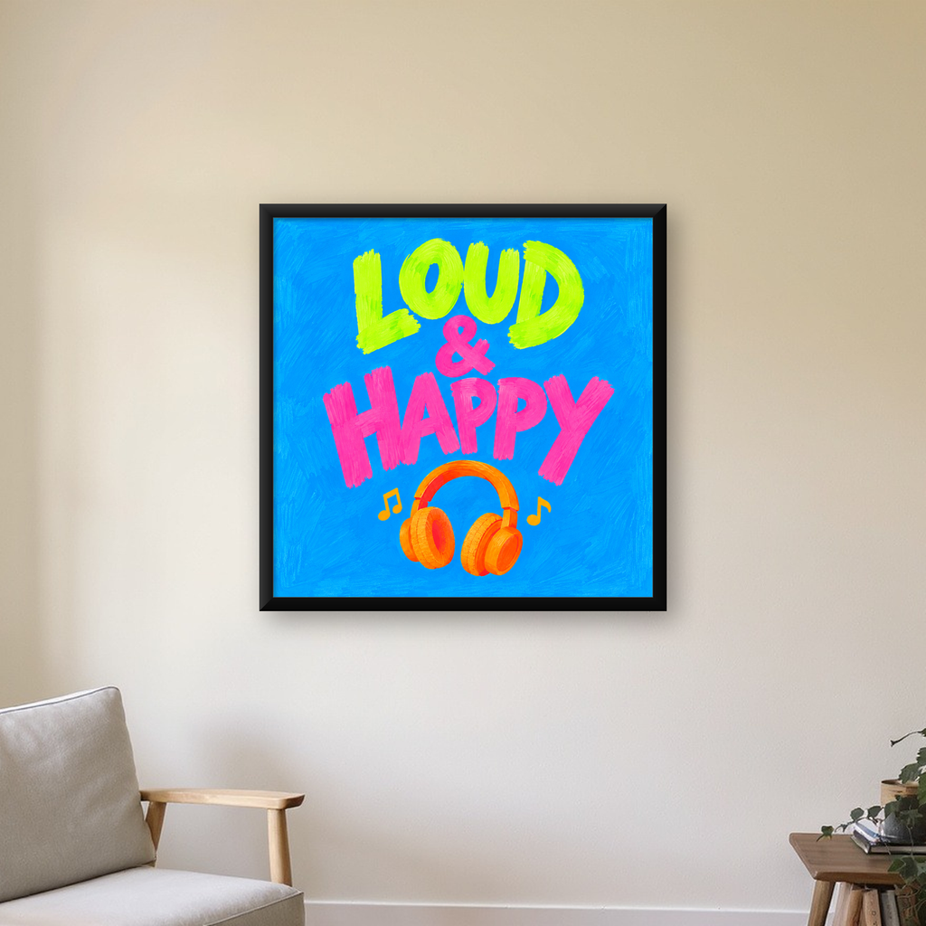 Renkli LOUD & HAPPY Poster – Müzik ve Mutluluğun Canlı Temsili — Kare baskı, çerçeveli hâliyle bir ev duvarında