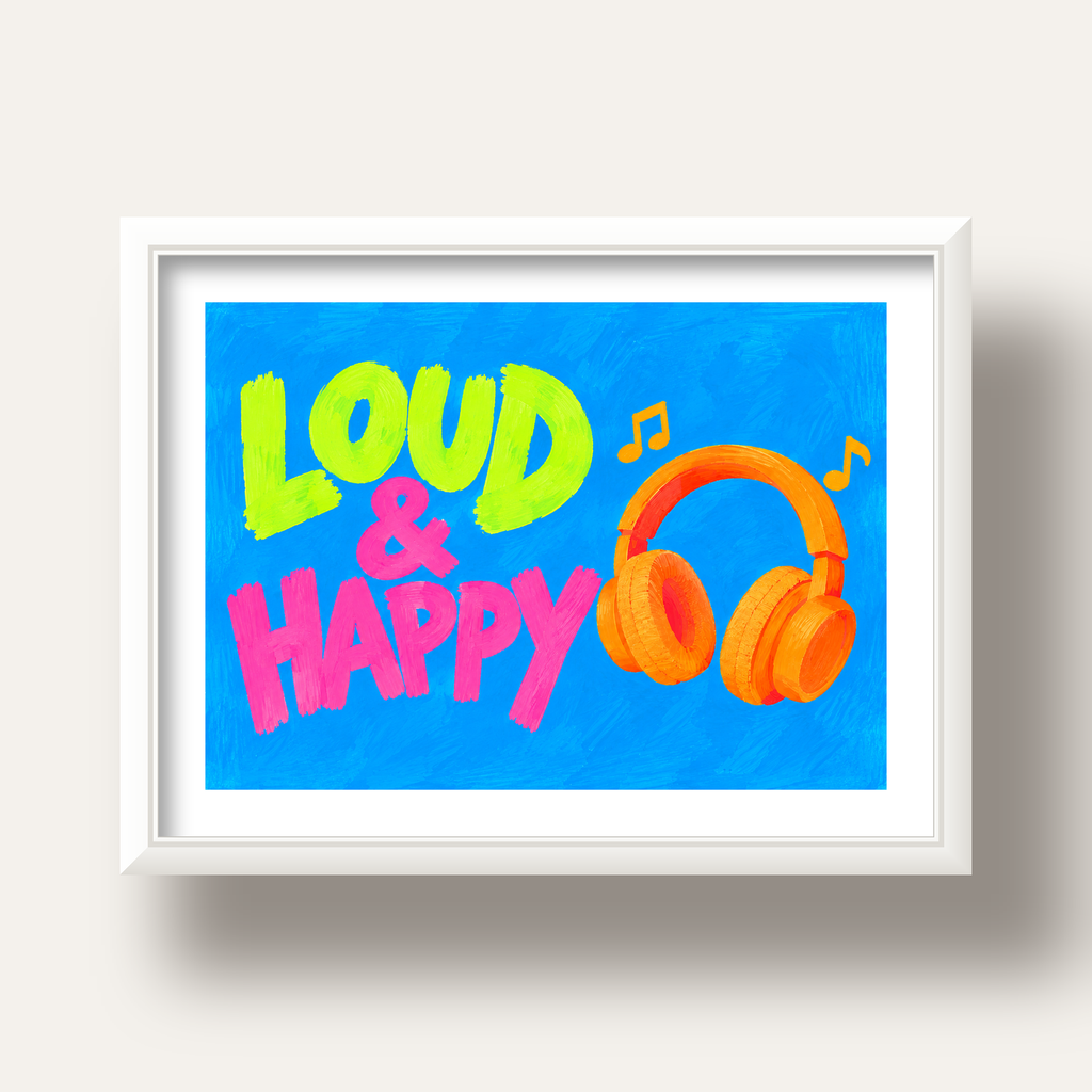 Renkli LOUD & HAPPY Poster – Müzik ve Mutluluğun Canlı Temsili — beyaz derin çerçeveli paspartulu