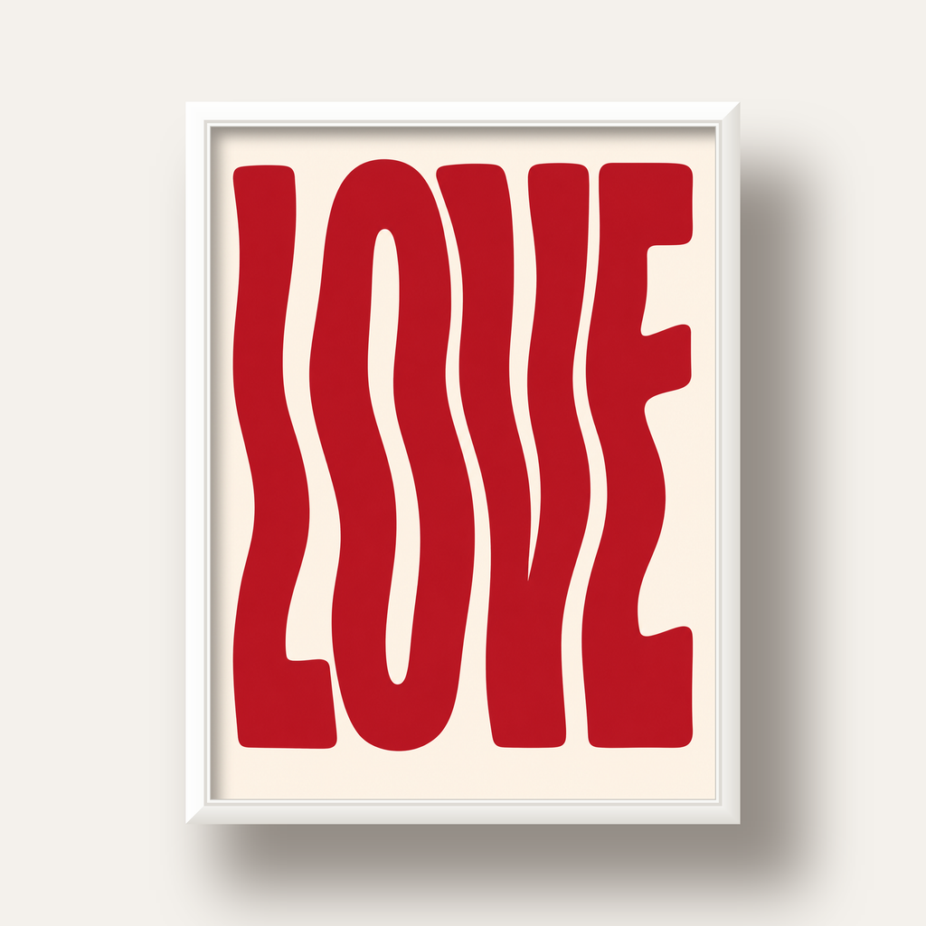 Dalgalı Kırmızı LOVE Yazılı Retro Minimal Poster — beyaz derin çerçeveli