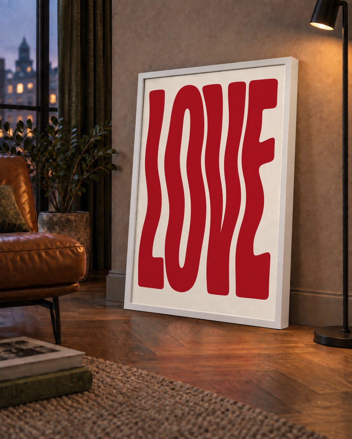 Dalgalı Kırmızı LOVE Yazılı Retro Minimal Poster — çerçeveli hâliyle bir ev duvarında