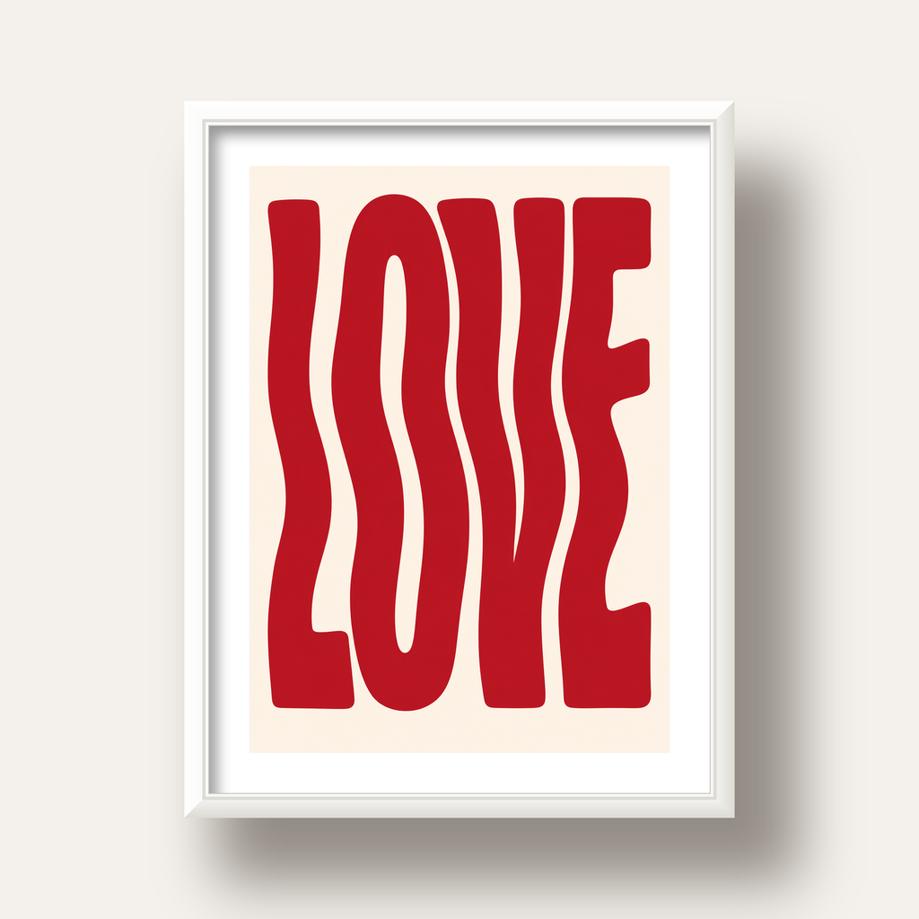 Dalgalı Kırmızı LOVE Yazılı Retro Minimal Poster — beyaz derin çerçeveli paspartulu