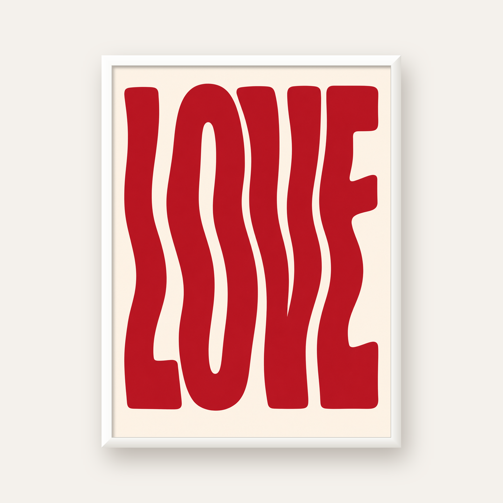 Dalgalı Kırmızı LOVE Yazılı Retro Minimal Poster — beyaz çerçeveli dikey poster