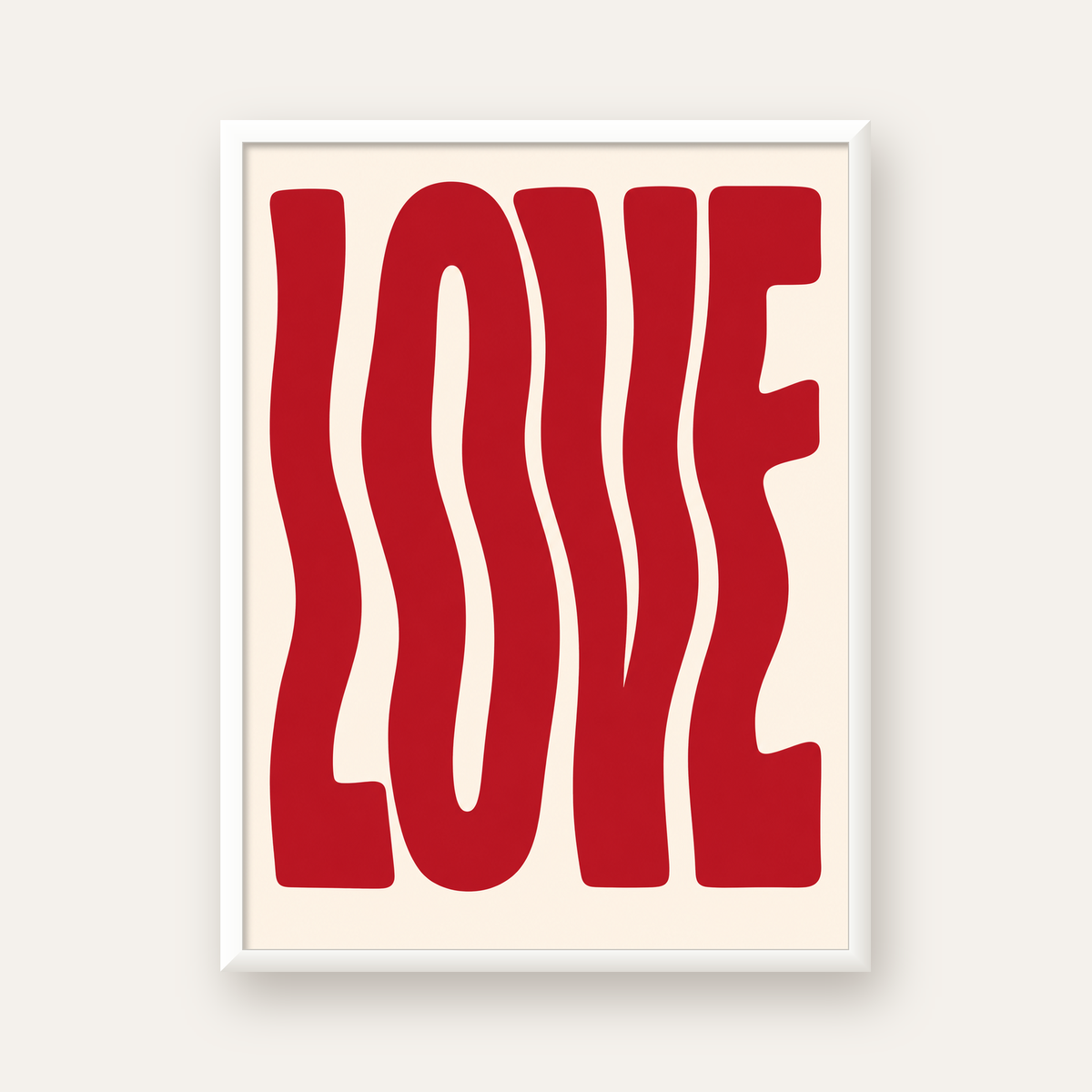 Dalgalı Kırmızı LOVE Yazılı Retro Minimal Poster — beyaz çerçeveli dikey poster