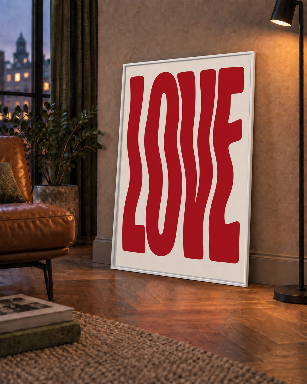 Dalgalı Kırmızı LOVE Yazılı Retro Minimal Poster — çerçeveli hâliyle bir ev duvarında