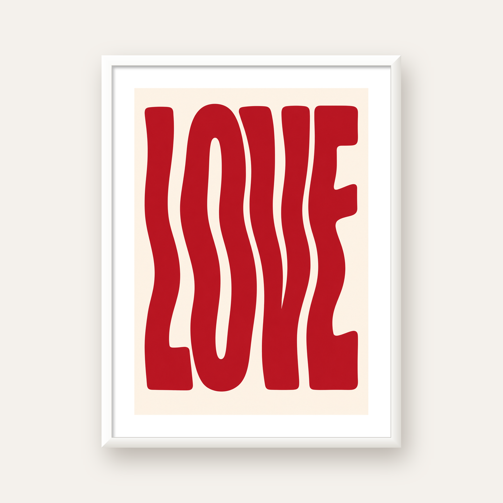 Dalgalı Kırmızı LOVE Yazılı Retro Minimal Poster — beyaz çerçeveli dikey poster