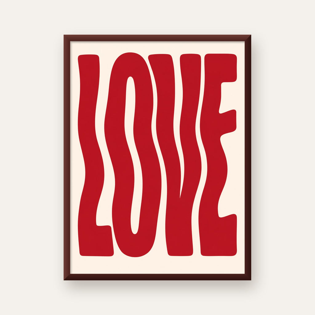 Dalgalı Kırmızı LOVE Yazılı Retro Minimal Poster — ceviz çerçeveli
