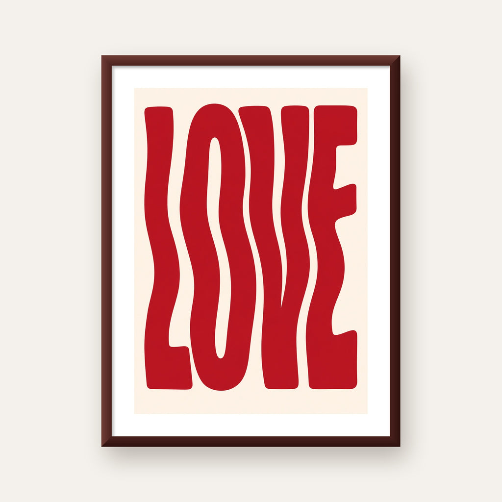Dalgalı Kırmızı LOVE Yazılı Retro Minimal Poster — ceviz çerçeveli paspartulu